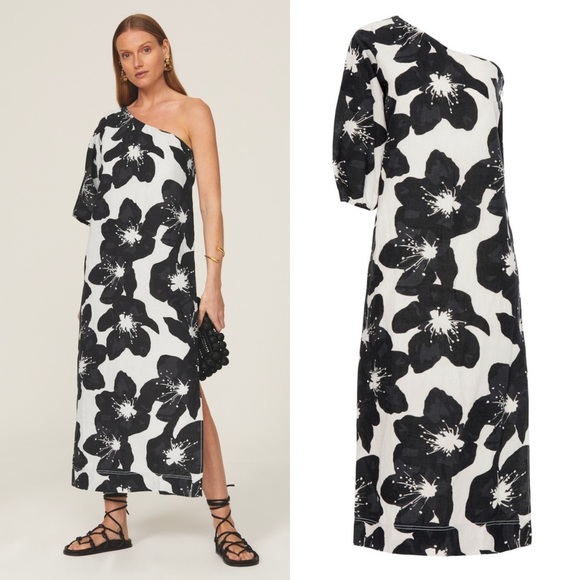 SOMETHING NAVY Floral Print Linen Cotton One Shoulder Puff Sleeve Column Gown L - Picture 12 of 13